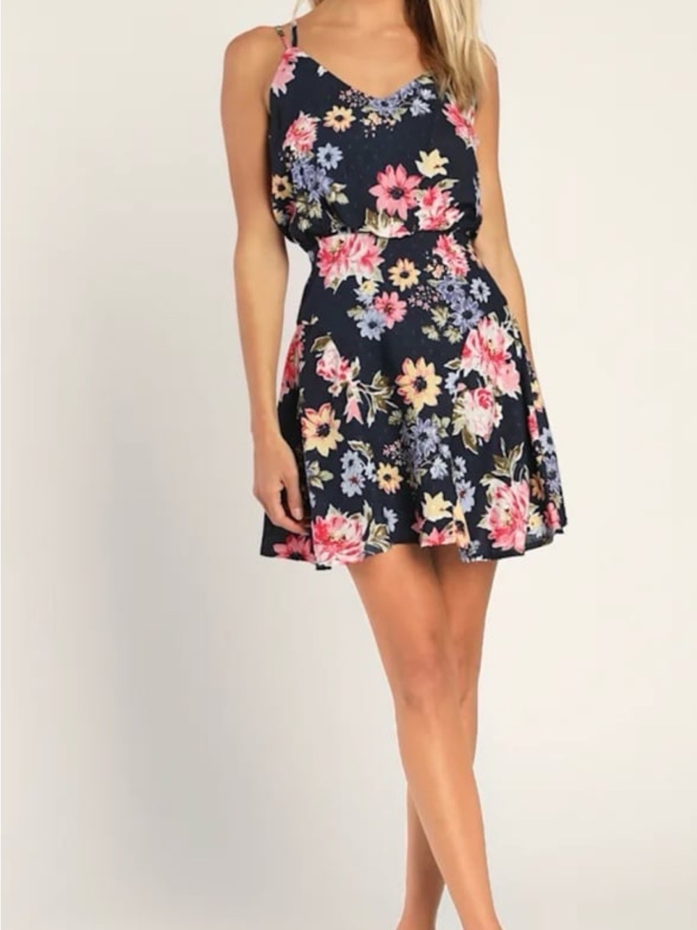 Lulu's Navy Floral Spaghetti-Strap Mini Dress